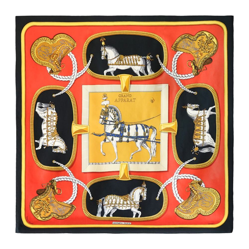 Hermes "Grand Apparat" Carré 90 Silk Twill Scarf, Red and Gold Equestrian Motif